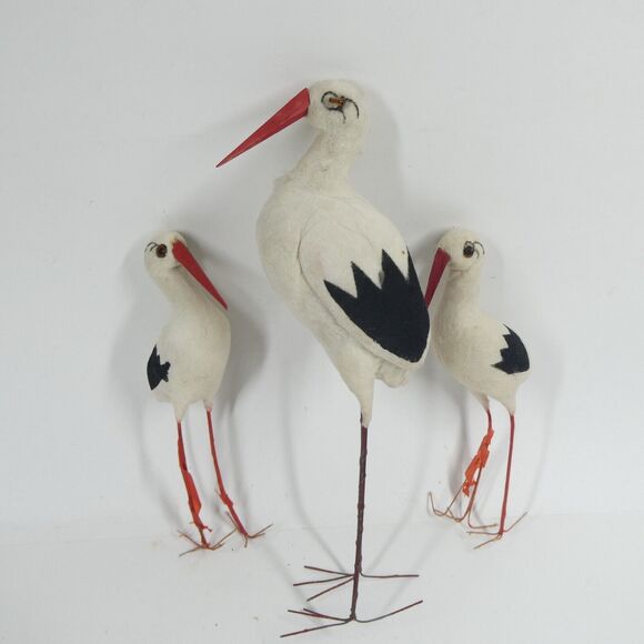 3 Antique Stork Candy Containers Birds Wire Legs 10" 6" Germany? - Picture 1 of 12